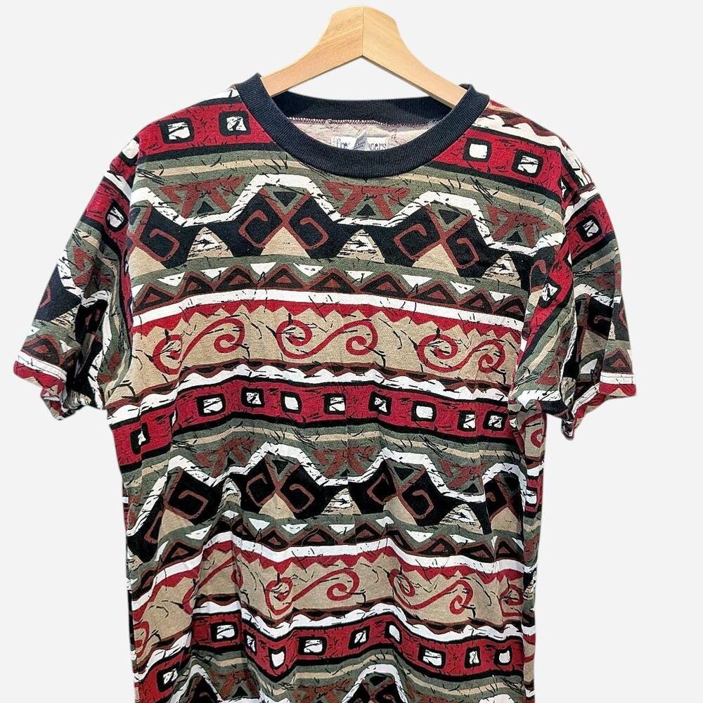 Vintage 90s Tribal Southwest T-Shirt All Over Geometric Print Graphic Tee Large